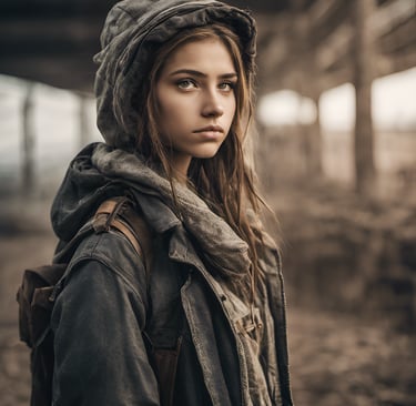 ultra feminine teen girl dressed in urban clothes waiting in a breadline in a post apocalyptic world