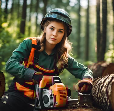 ludicrously beautiful teen girl lumberjack in full personal protective clothing sharpening her chain