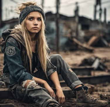 freakishly beautiful blonde teen girl dressed in urban clothes waiting in a breadline in a post apoc