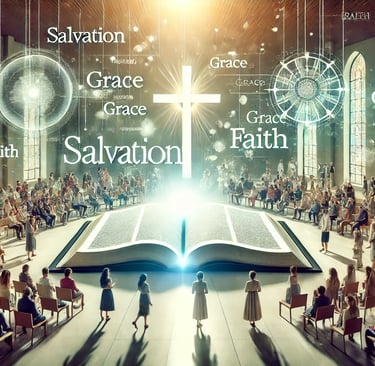 um grande livro aberto (biblia) aberto no centro com pessoas a sua volta.