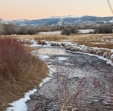 a stream running through a field with snow covered ground