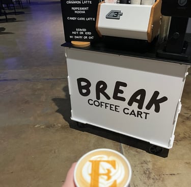 Break Coffee Cart with a latte featuring a logo printed onto the foam.