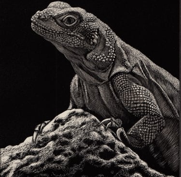 Detailed black and white scratchboard art of a chuckwalla lizard resting on a textured rock.
