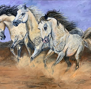 Dynamic painting of three galloping wild Arabian horses, light dapple grey, kicking up dust in a desert landscape.