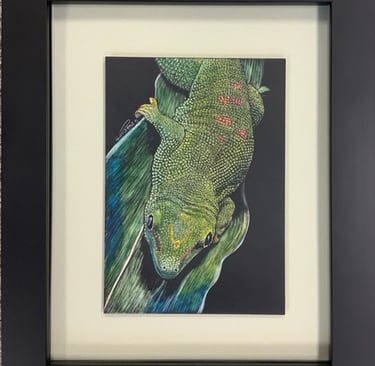 Framed colored scratchboard of a green Madagascar giant day gecko on a tropical leaf.