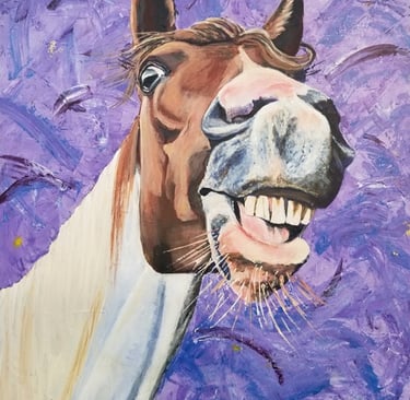 Whimsical  painting of a laughing brown horse with teeth showing against a purple background.