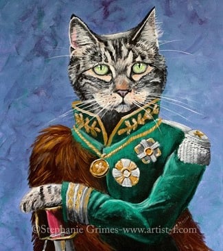Acrylic painting of a tabby cat dressed in a regal green military general uniform with medals.