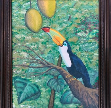 A framed oil painting of a colorful toucan bird perched on a branch near yellow tropical fruit.