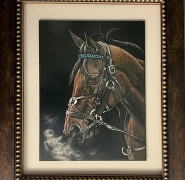 Framed colored scratchboard of a bay horse in harness with breath visible in cold air.