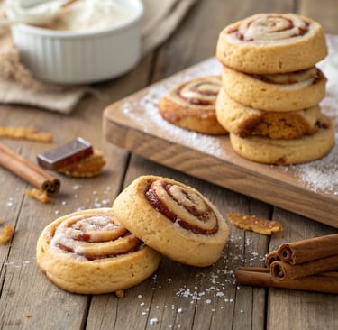 "Freshly baked soft and chewy cinnamon roll cookies with cream cheese icing, styled with cinnamon st