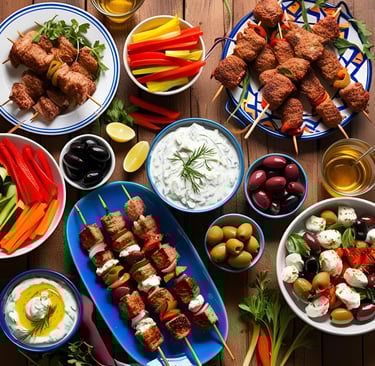 A colorful spread of traditional Greek dishes with souvlaki, tzatziki, olives, and fresh vegetables