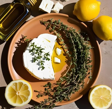 Flat lay of essential Greek ingredients including olive oil, feta cheese, oregano, and lemons