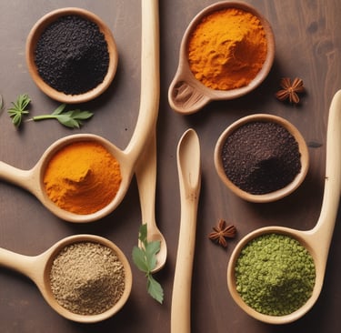 Indian spices in wooden spoons: cumin, turmeric, and coriander seeds