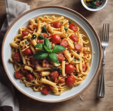 “Traditional Italian pasta with tomato sauce and basil