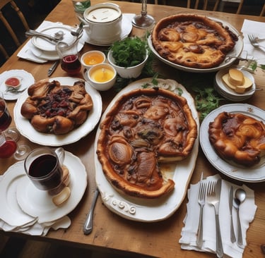 Traditional French Dishes like Coq au Vin, Quiche Lorraine, and Tarte Tatin beautifully served on a 