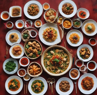 A variety of traditional Chinese dishes, including Dumplings, Peking Duck, and Mapo Tofu, showcasing