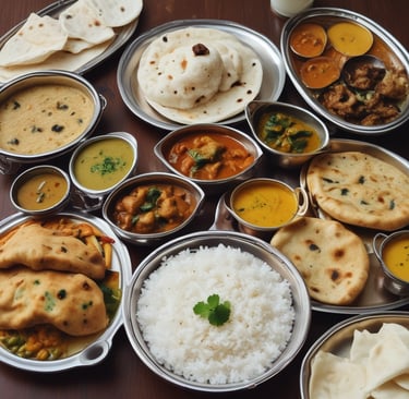 Traditional Indian thali with rice, curry, and naan bread