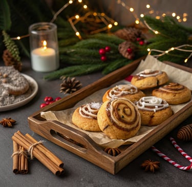 "Rustic tray of homemade cinnamon roll cookies with cream cheese glaze"