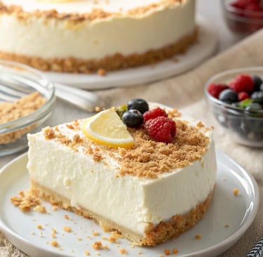 No-Bake Classic Woolworth Cheesecake with fresh berries and lemon slices on a white plate, homemade 