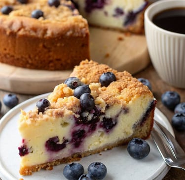 Moist blueberry cream cheese coffee cake with crumb topping, sliced on a wooden board.