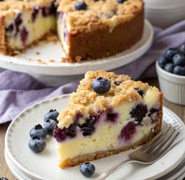Blueberry cream cheese coffee cake with crumb topping, sliced and served on a white plate.