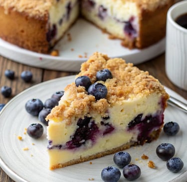 Freshly baked blueberry cream cheese coffee cake with golden streusel topping.