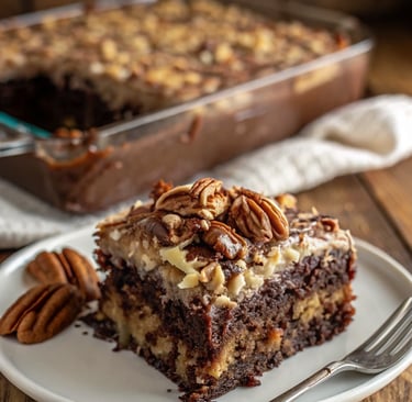 "German Chocolate Poke Cake with coconut pecan frosting"      