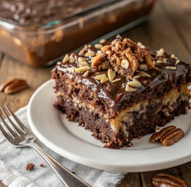 “Homemade German Chocolate Poke Cake with pecan coconut topping”