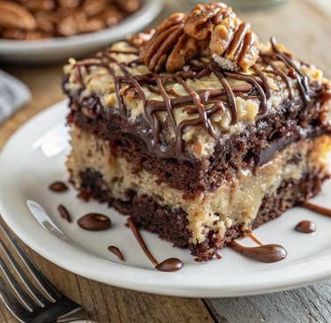 “Moist German Chocolate Poke Cake topped with coconut and pecans”