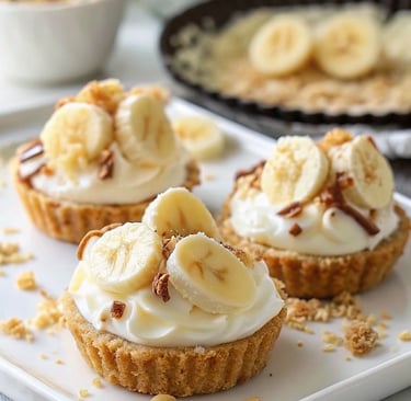 Step-by-step process of making No-Bake Mini Banana Cream Pies with fresh banana slices and whipped c