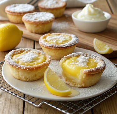 Golden baby lemon impossible pies dusted with powdered sugar and garnished with lemon zest.