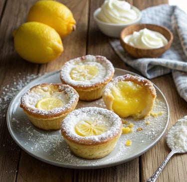 Baby Lemon Impossible Pies baked to golden perfection with powdered sugar and lemon zest.