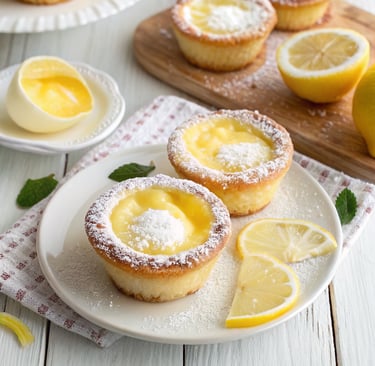 Mini lemon impossible pies served on a cake stand with lemon slices around.