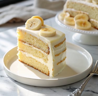 Banana cream cake topped with caramel drizzle and banana slices
