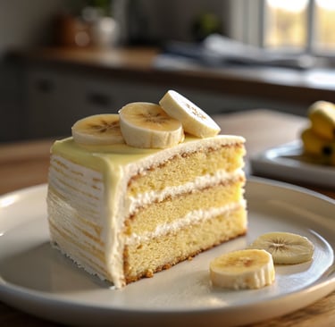 Moist banana cream cake with cream cheese frosting and banana slices on top.