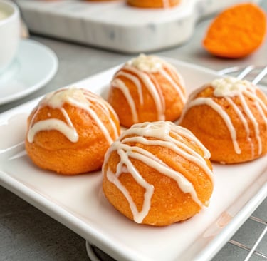 Freshly baked Orange Cream Dream Cookies topped with orange glaze on a cooling rack
