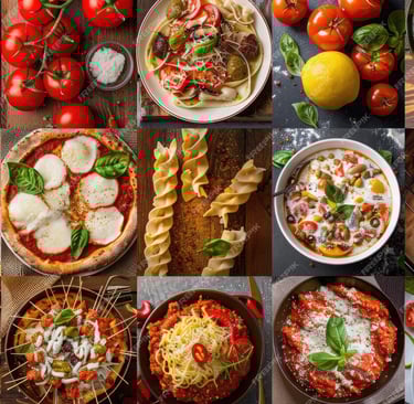 Traditional Italian dishes served on a rustic table – pasta, pizza, and fresh ingredients