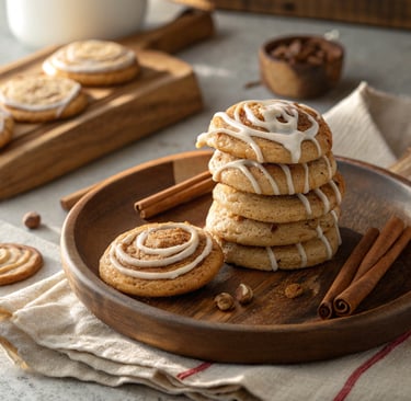 "Stack of soft cinnamon roll cookies with cream cheese glaze"