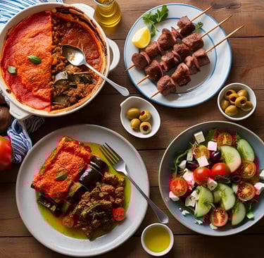 Traditional Greek dishes on a wooden table, including moussaka, souvlaki, and Greek salad