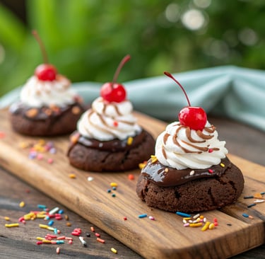 freshly baked brownie sundae cookies topped with vanilla mousse and fudge drizzle