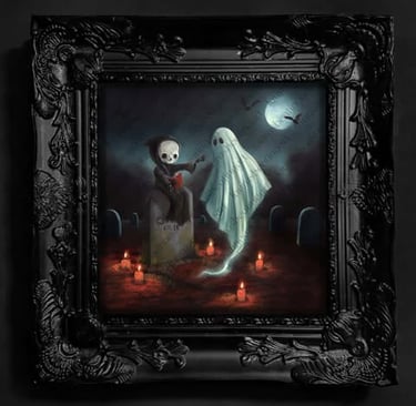 The Conjuring art print by Squorn and Laura Beating Art — gothic wall art featuring Skelly the skeleton and Gary the Ghost