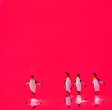 a group of penguins walking across a pink background