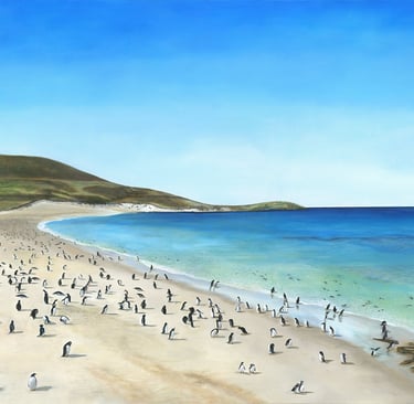 a painting of a beach with penguins and a blue sky