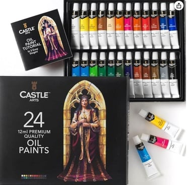 a box of paint and paint tubes with a picture of a woman in a dress