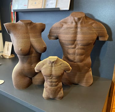 a display of a wooden sculpture of a torsoless torso