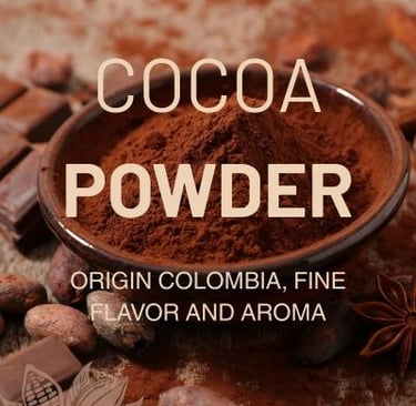 a bowl of cocoa powder with chocolate and cocoa beans