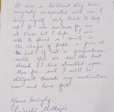 A handwritten thank-you letter to Dr. Aniruddha Deb from one of our patient at Mon Clinics.