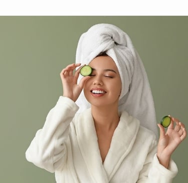 a woman in a robe is holding a cucumber 