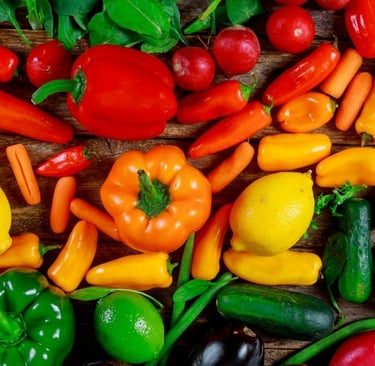 a variety of vegetables and fruits are shown in this picture