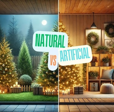 a room with a natural christmas tree and an artificial christmas tree